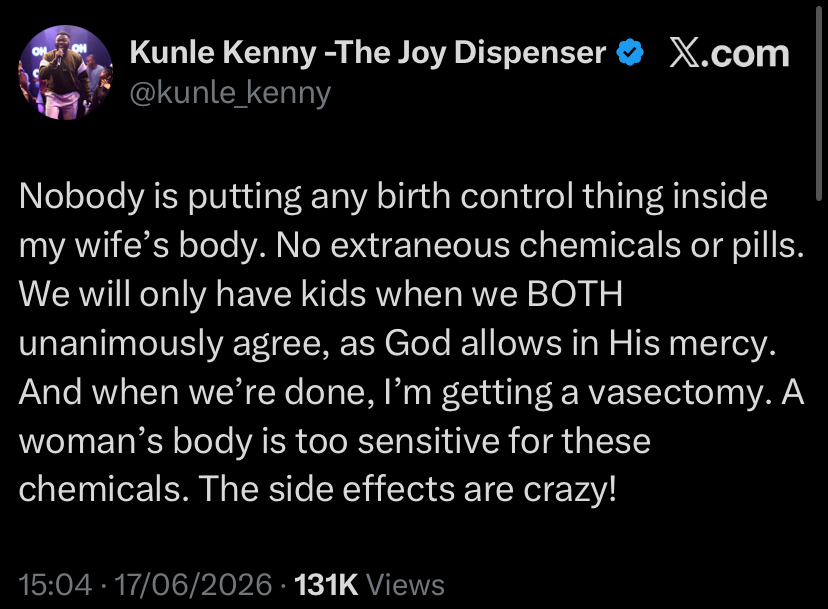 Nigerian Gospel Singer Kunle Kenny Shares Views on Family Planning, Says He May Consider Vasectomy