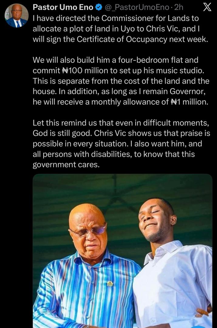 Governor Umo Eno Gifts Visually Impaired Gospel Singer Chris Vic Land, House, ₦100 Million Studio Fund
